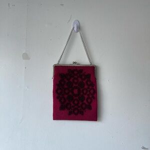 Vintage Red Burgundy Small Rectangle Knit Crochet Bag w/ Silver Chainlink Handle